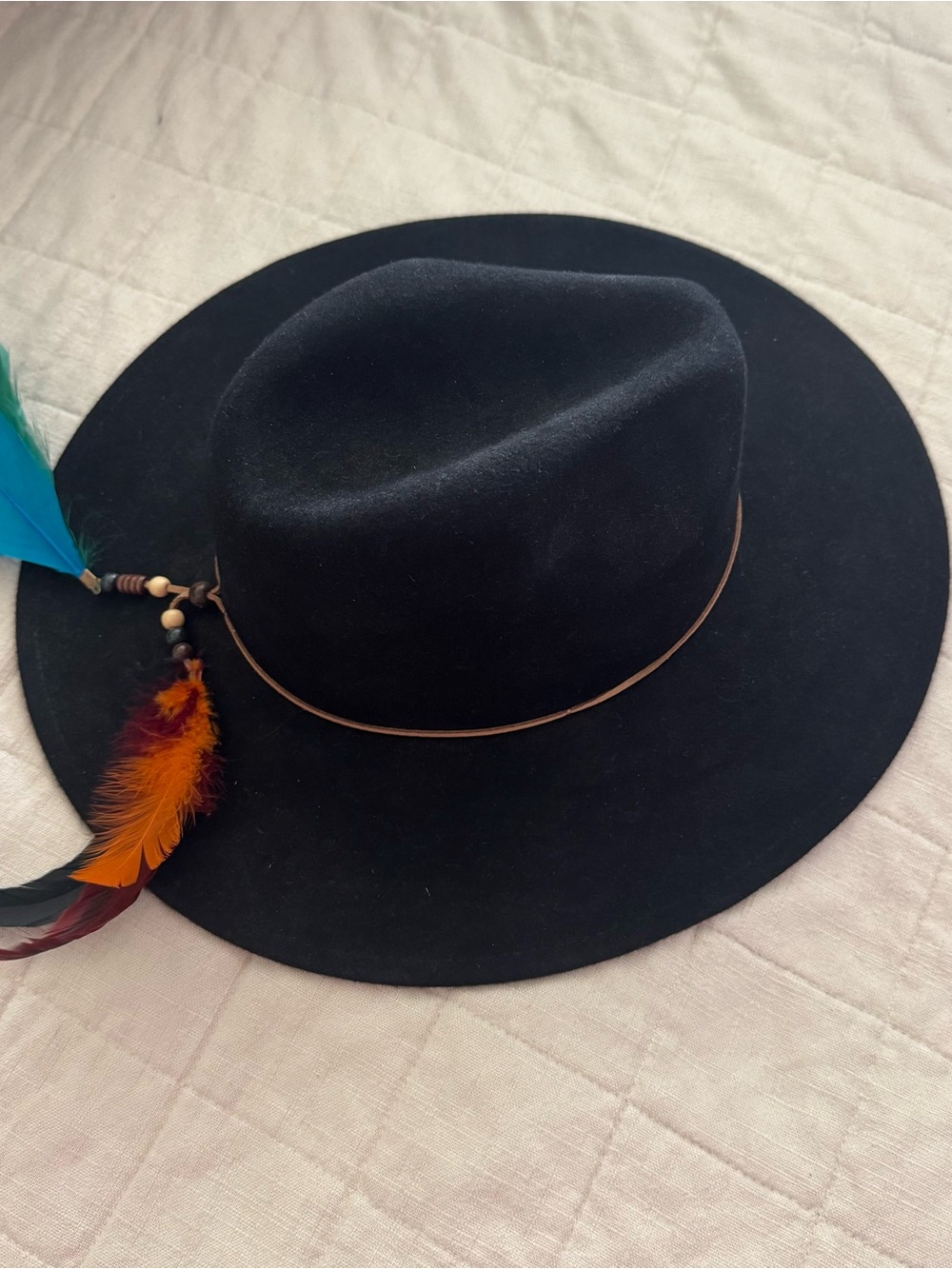 Free People Black Wide Brim Wool Fedora with Feather Accent